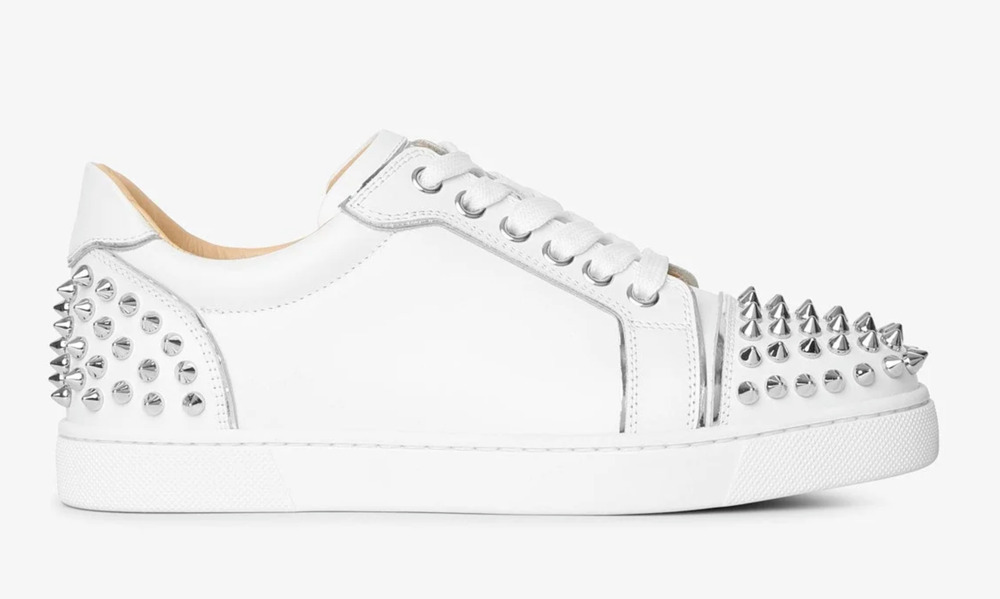 Christian Louboutin Vieira 2 Flat White Leather Silver Spikes Low Top Sneaker 41